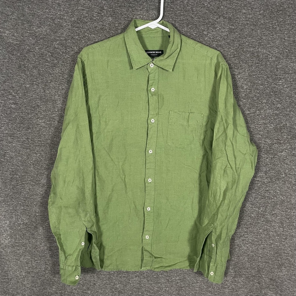 Country Road Shirt Mens Medium Green Organic Linen Long Sleeve Button Up Casual
